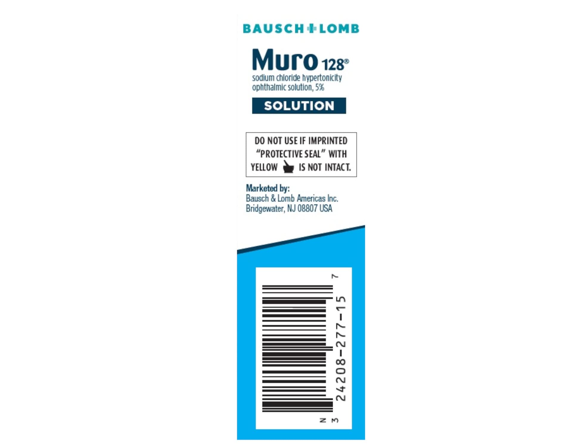 Close-up of Muro 128 label showing 5% saline formula.