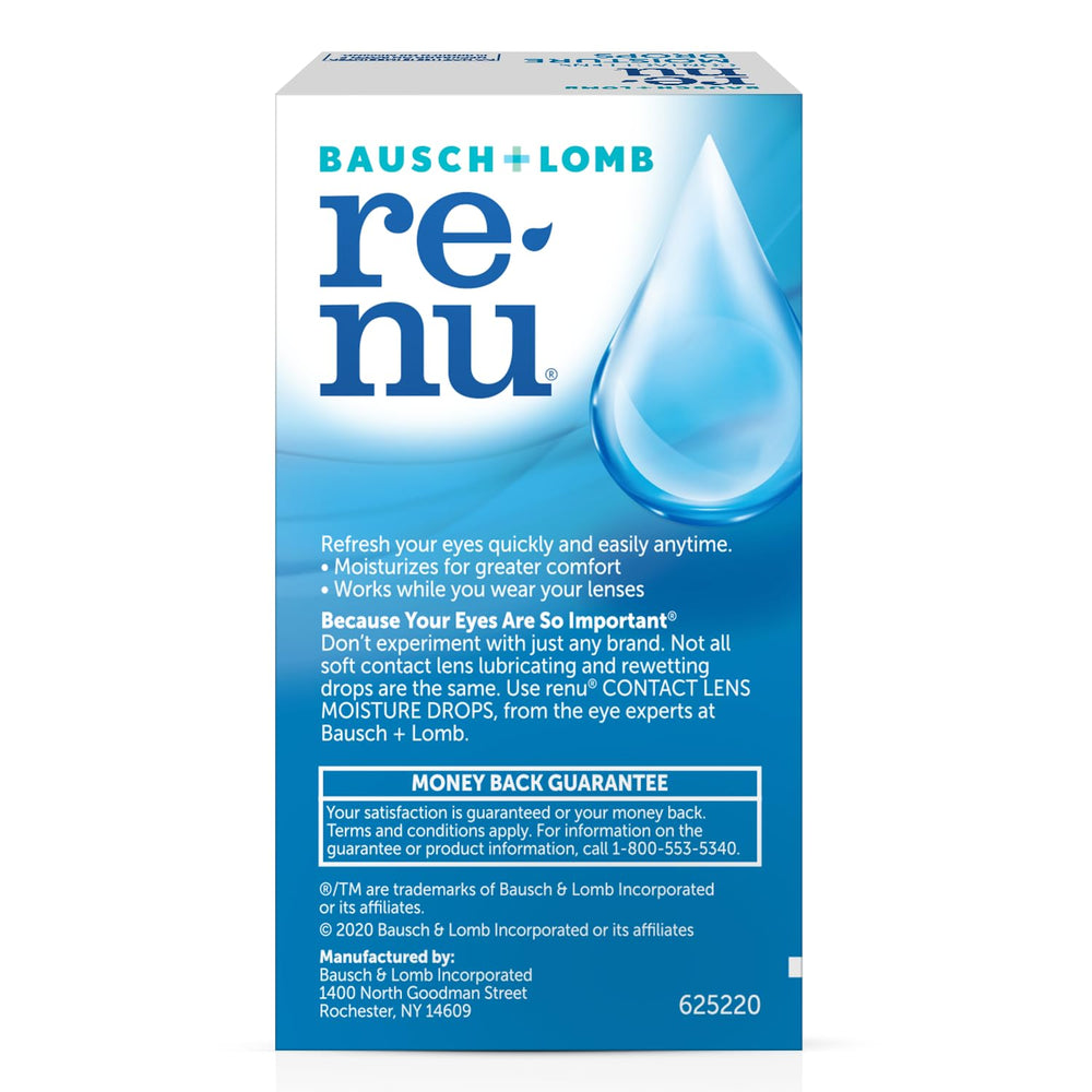 Close-up of Renu bottle and dropper for easy lens lubrication