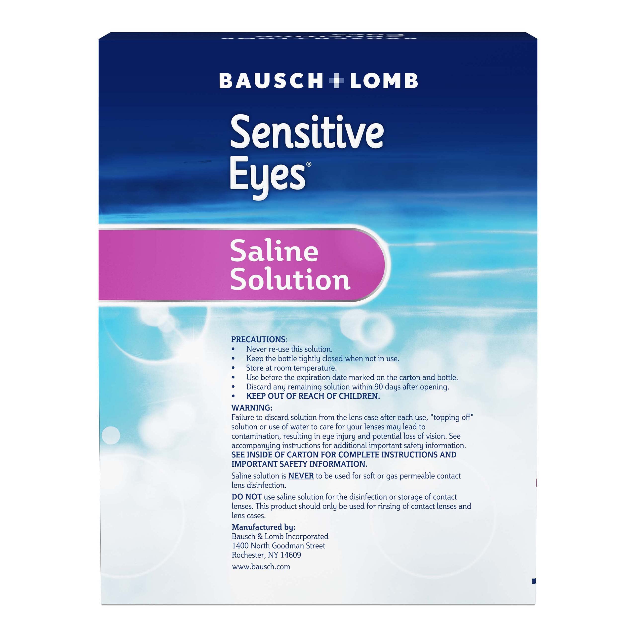 Close-up of Bausch + Lomb Sensitive Eyes Plus saline label and directions