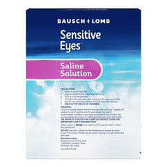 Close-up of Bausch + Lomb Sensitive Eyes Plus saline label and directions
