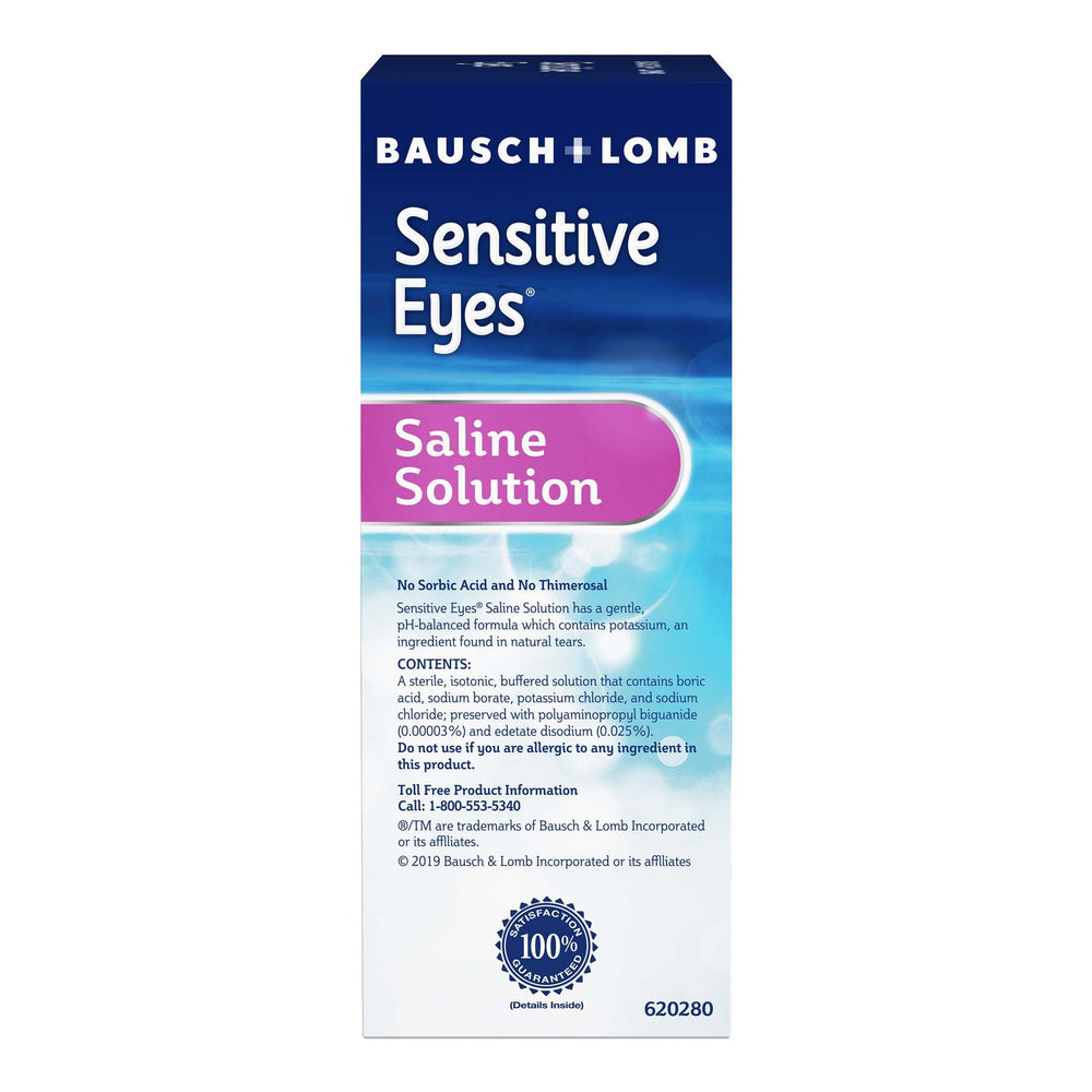 Lenses being rinsed in saline from Bausch + Lomb bottle for case hygiene