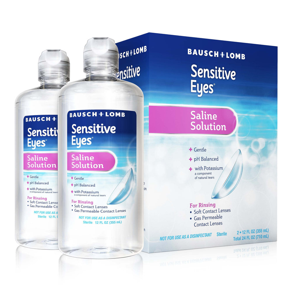 Pouring shot of Bausch + Lomb Sensitive Eyes Plus saline solution for lens rinse