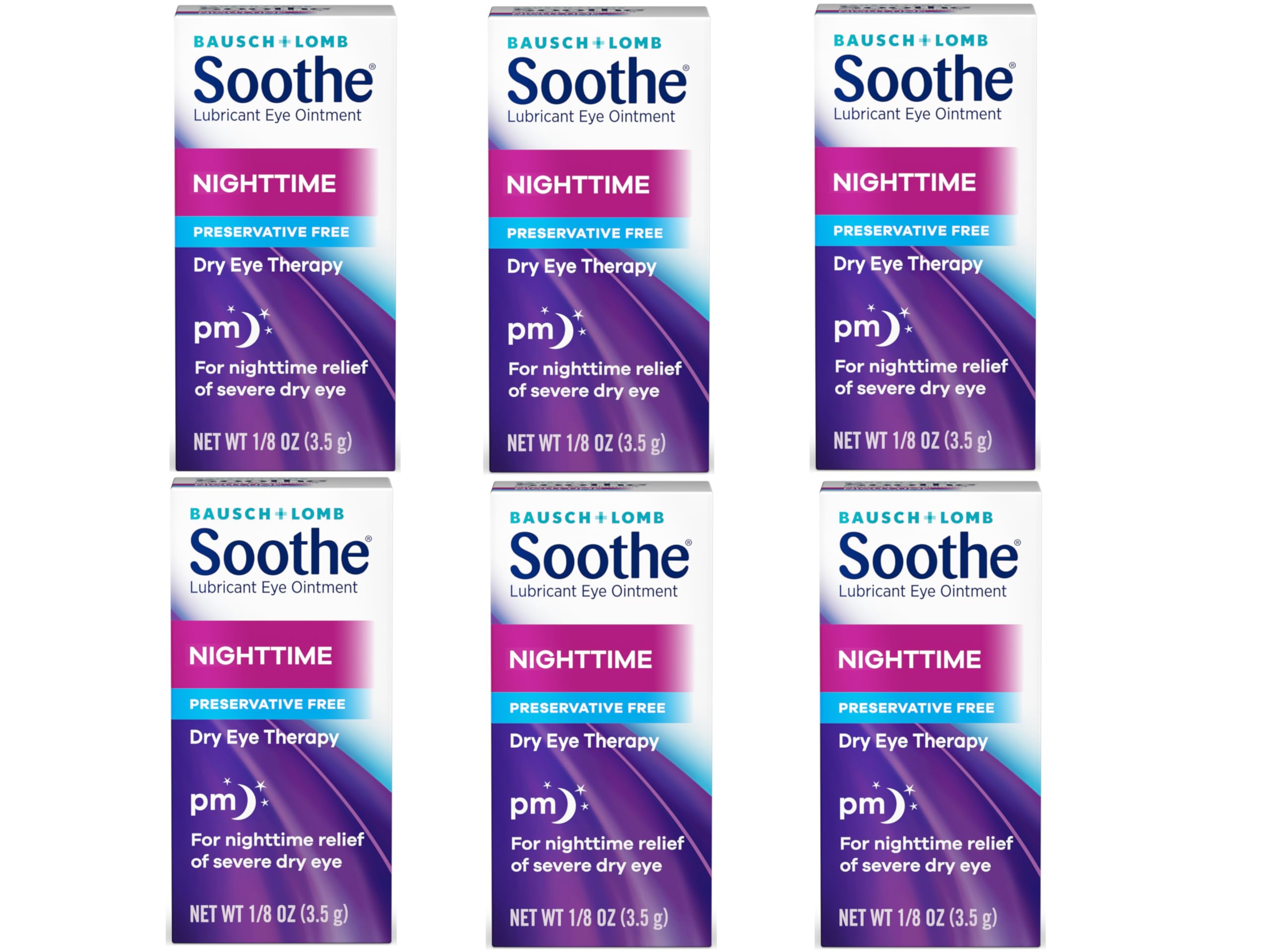 Bausch + Lomb Soothe Night Time ointment packaging with preservative-free formula for sensitive eyes