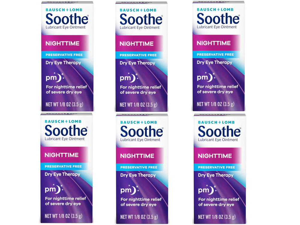 Bausch + Lomb Soothe Night Time ointment packaging with preservative-free formula for sensitive eyes
