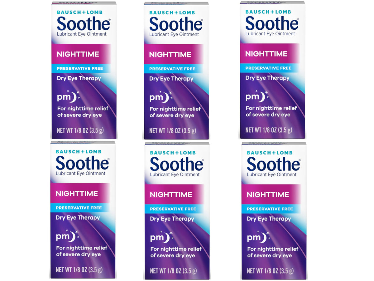 Bausch + Lomb Soothe Night Time ointment packaging with preservative-free formula for sensitive eyes