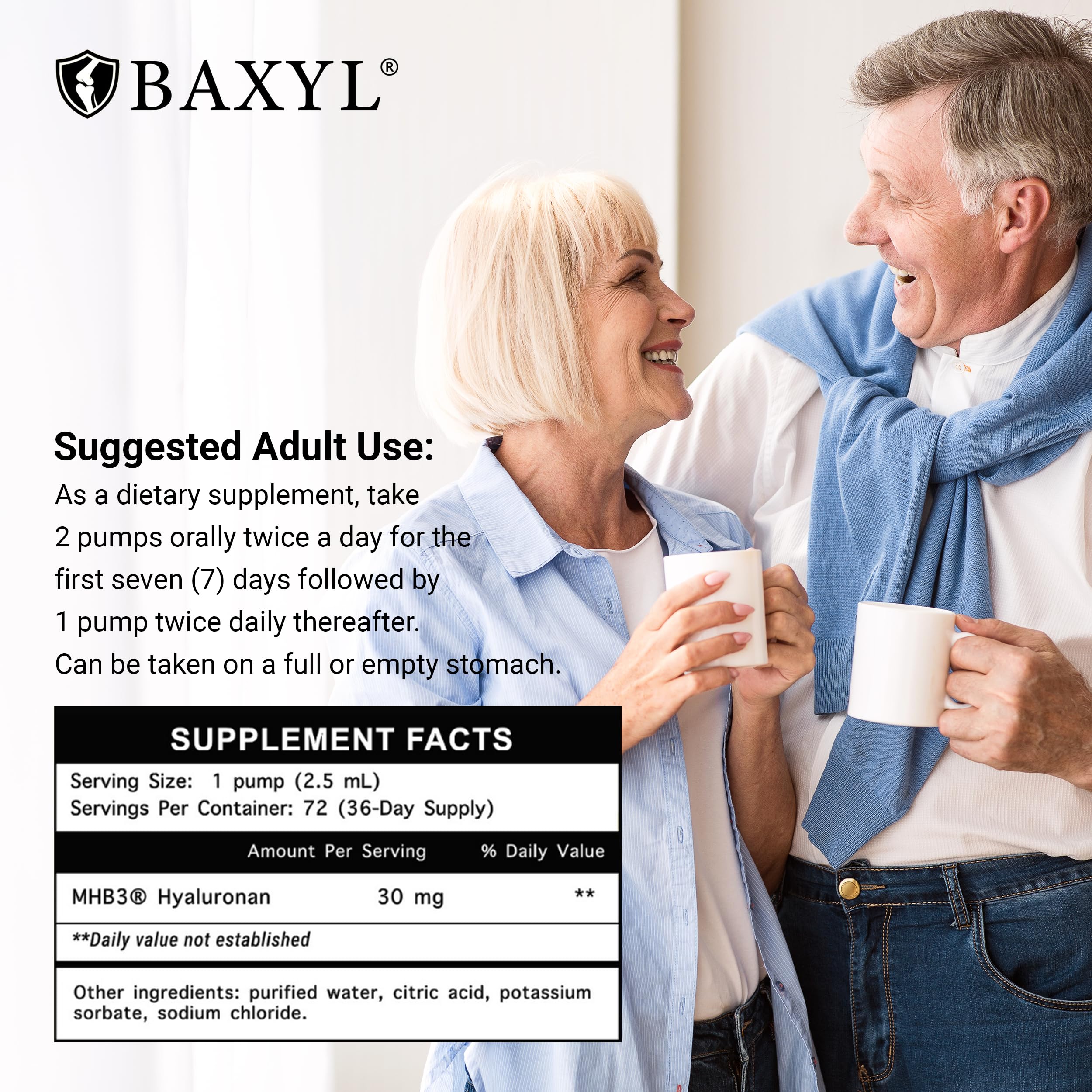 BAXYL bottle side label emphasizing hydration benefits.