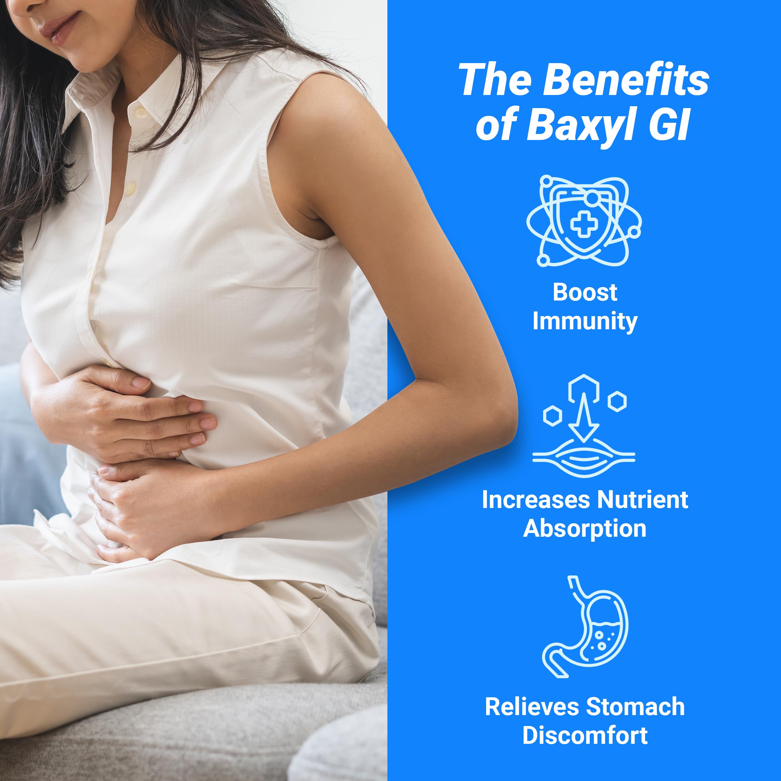 BAXYL GI bottle pour showing easy daily use for stomach comfort
