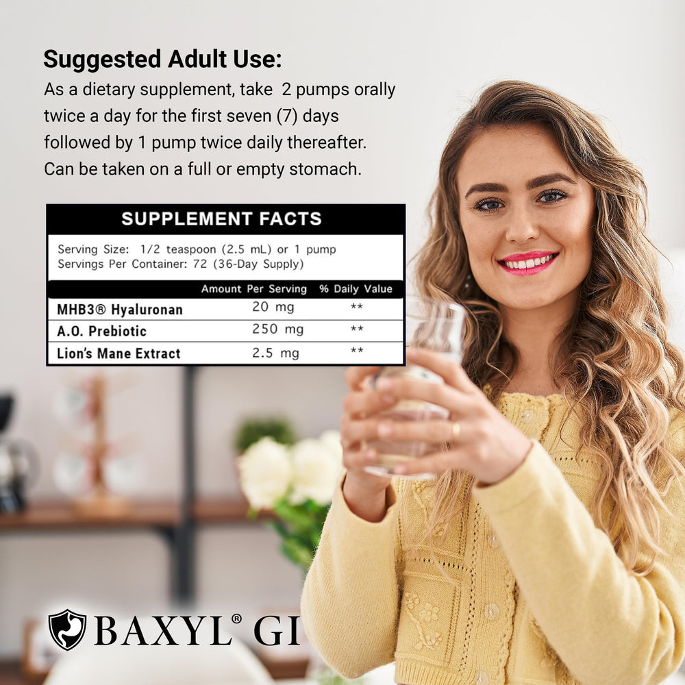 BAXYL GI label featuring MHB3 Hyaluronan and prebiotic.