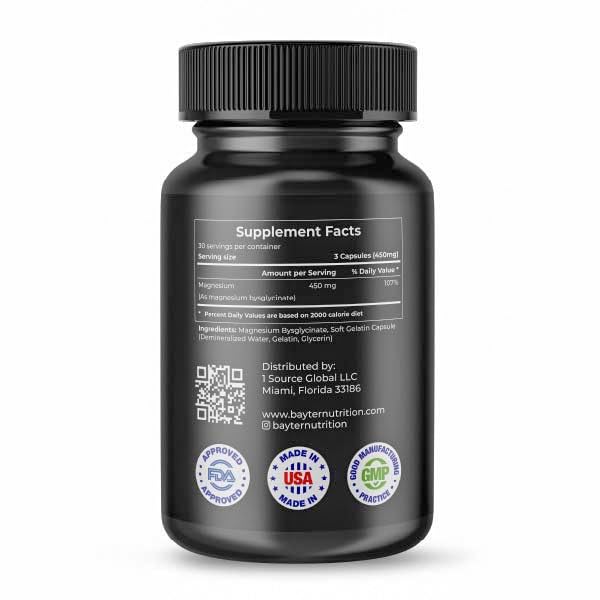 Bayter Nutrition magnesium bisglycinate capsules closeup highlights high absorption formula