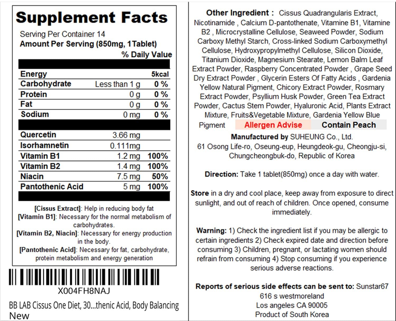 BB LAB Cissus One Diet packaging highlights convenient 14-tablet box