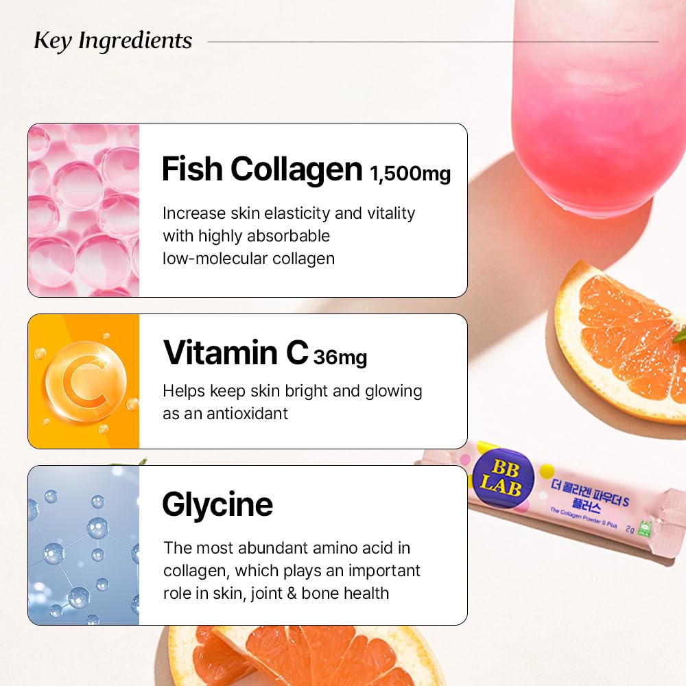 BB LAB Collagen Powder S Plus bottle showcases fish collagen content per stick