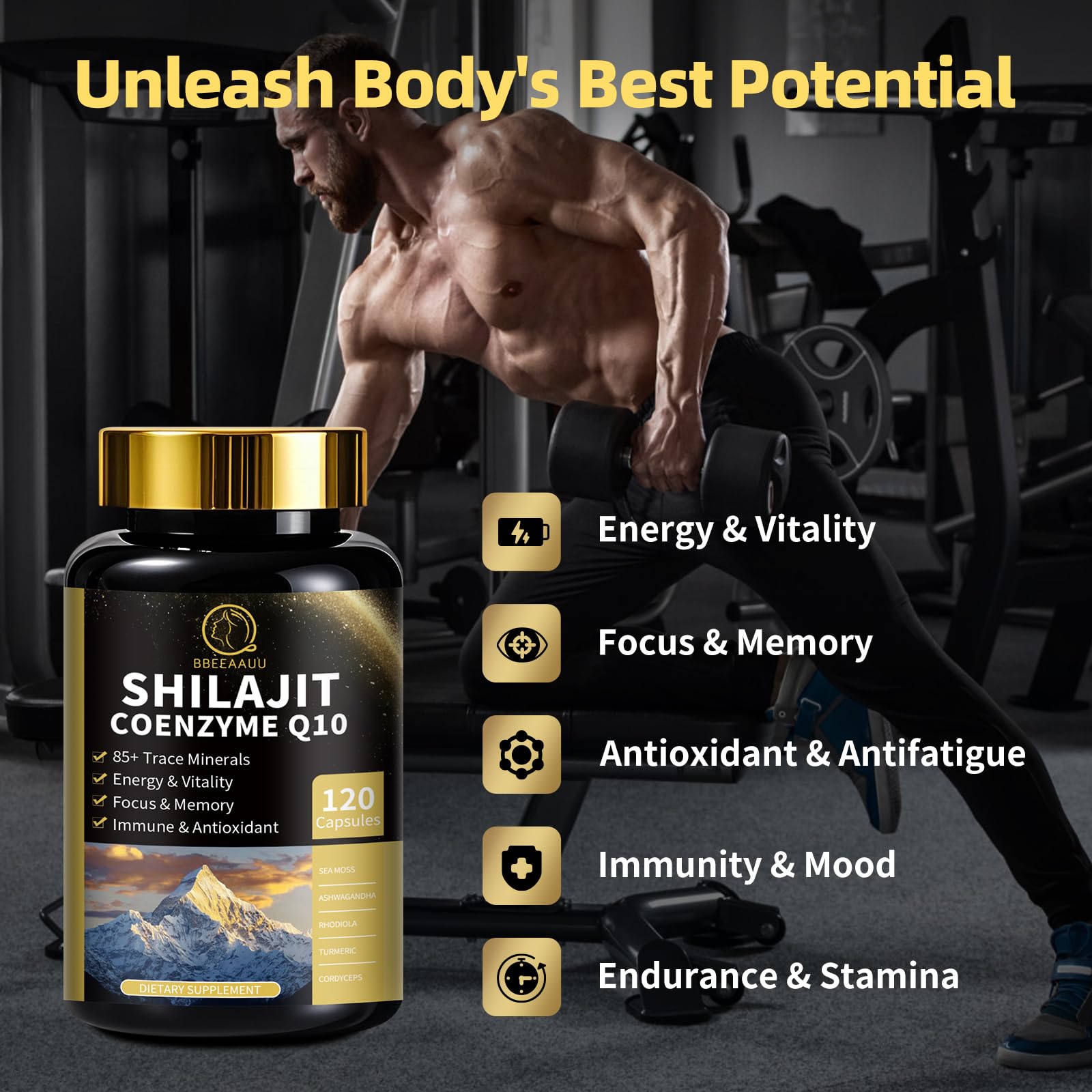 BBEEAAUU CoQ10 energy boost visual indicating fatigue support.