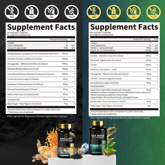BBEEAAUU Sea moss capsules on label indicating immune and digestion support