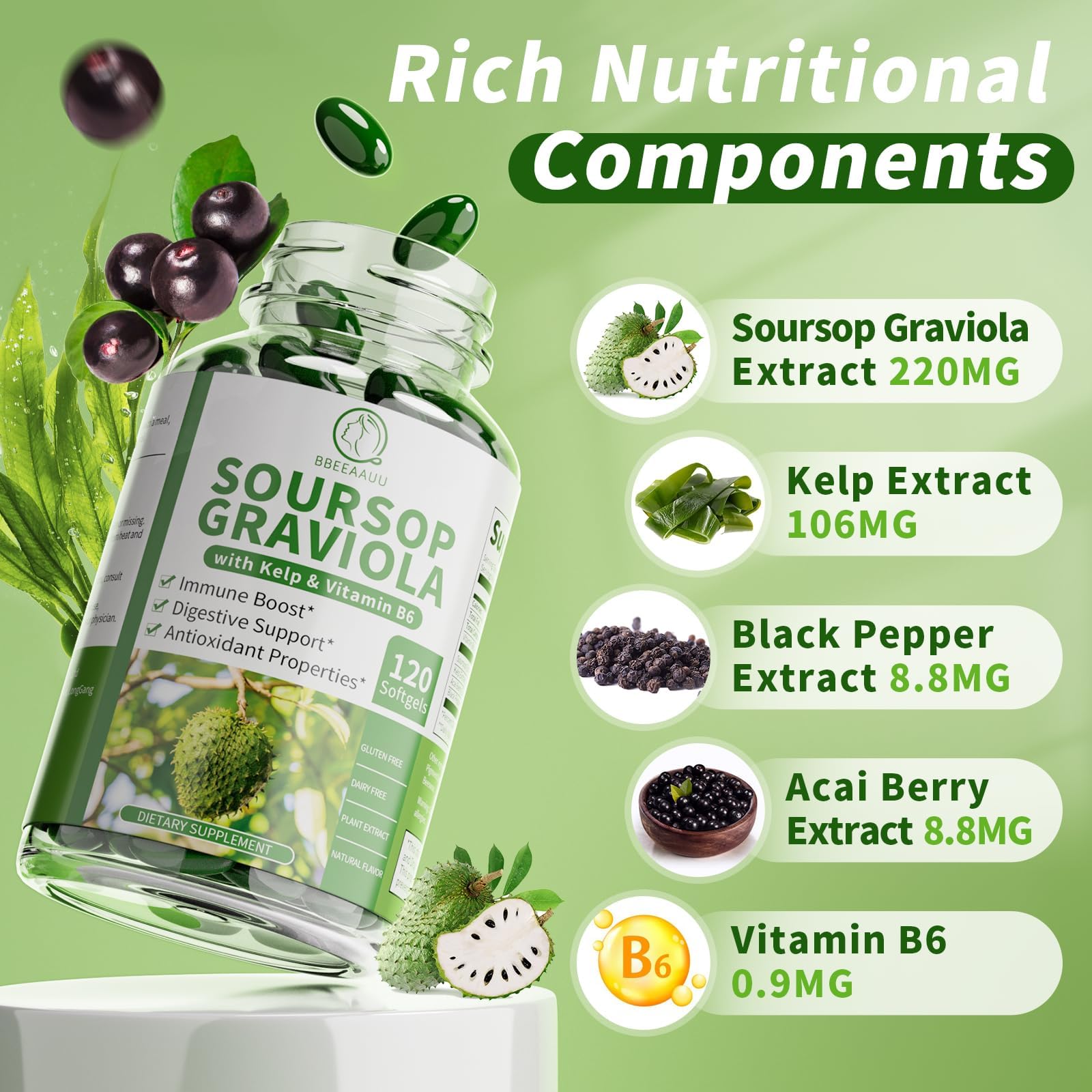 BBEEAAUU Soursop Capsules vegan gluten-free: suitable for plant-based diets.