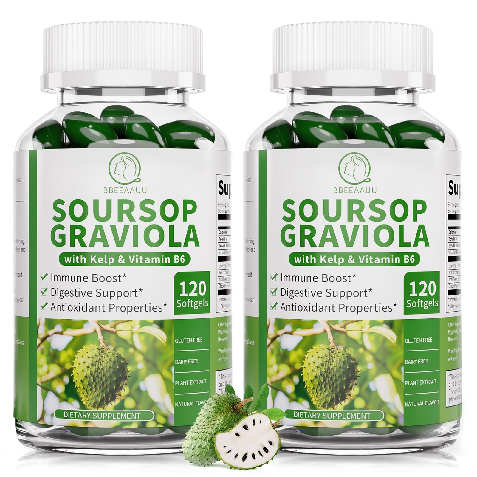 BBEEAAUU Soursop Graviola capsules bottle promotes daily energy and immune support.