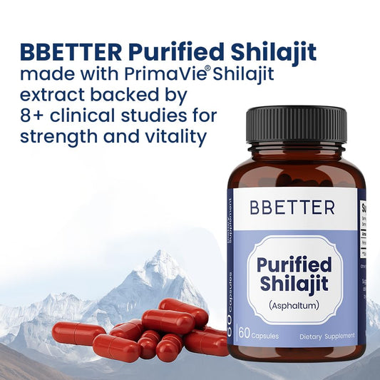 BBETTER purified Shilajit capsules bottle label close-up highlighting quality.