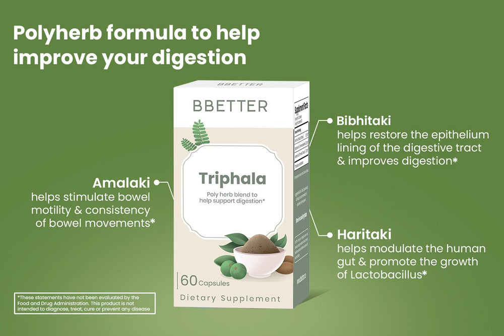 BBETTER Triphala supports gentle colon cleanse and detox routine.