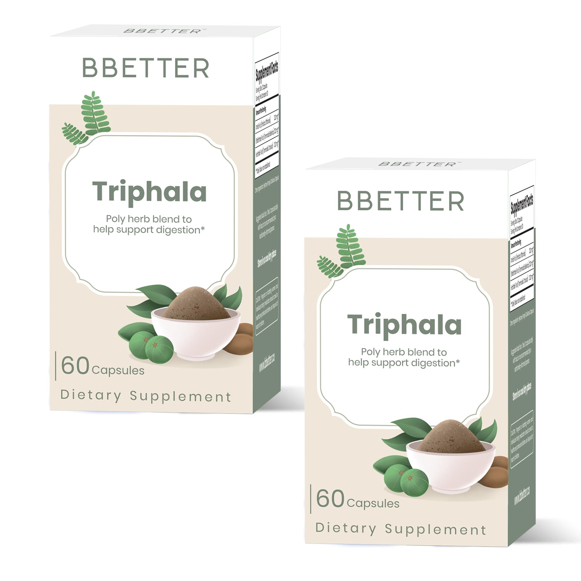 BBETTER Triphala capsules with Amalaki, Haritaki, and Bibhitaki for gentle digestion support.
