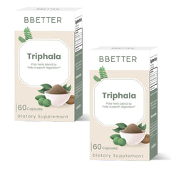 BBETTER Triphala capsules with Amalaki, Haritaki, and Bibhitaki for gentle digestion support.