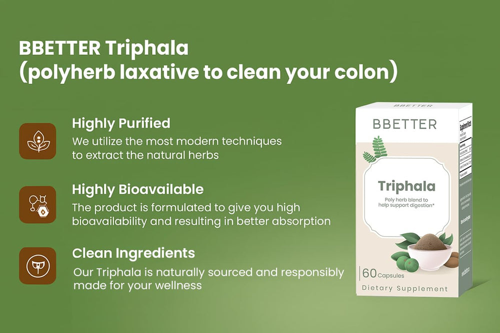 BBETTER Triphala label detail emphasizing plant-based capsules and quality ingredients.