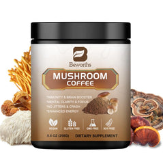 B BEWORTHS mushroom coffee Lion's Mane jar boosts focus and steady energy.