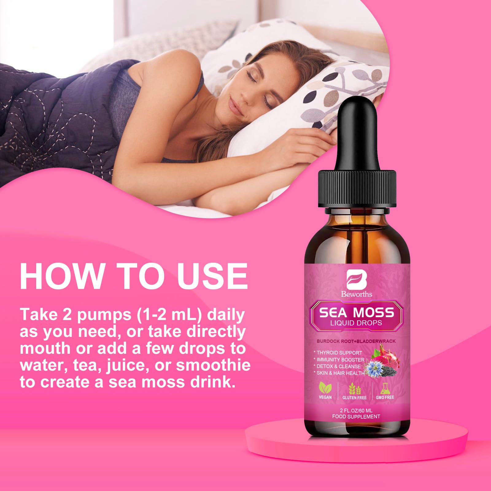 B BEWORTHS Sea Moss Liquid Drops ingredients scene with burdock and bladderwrack