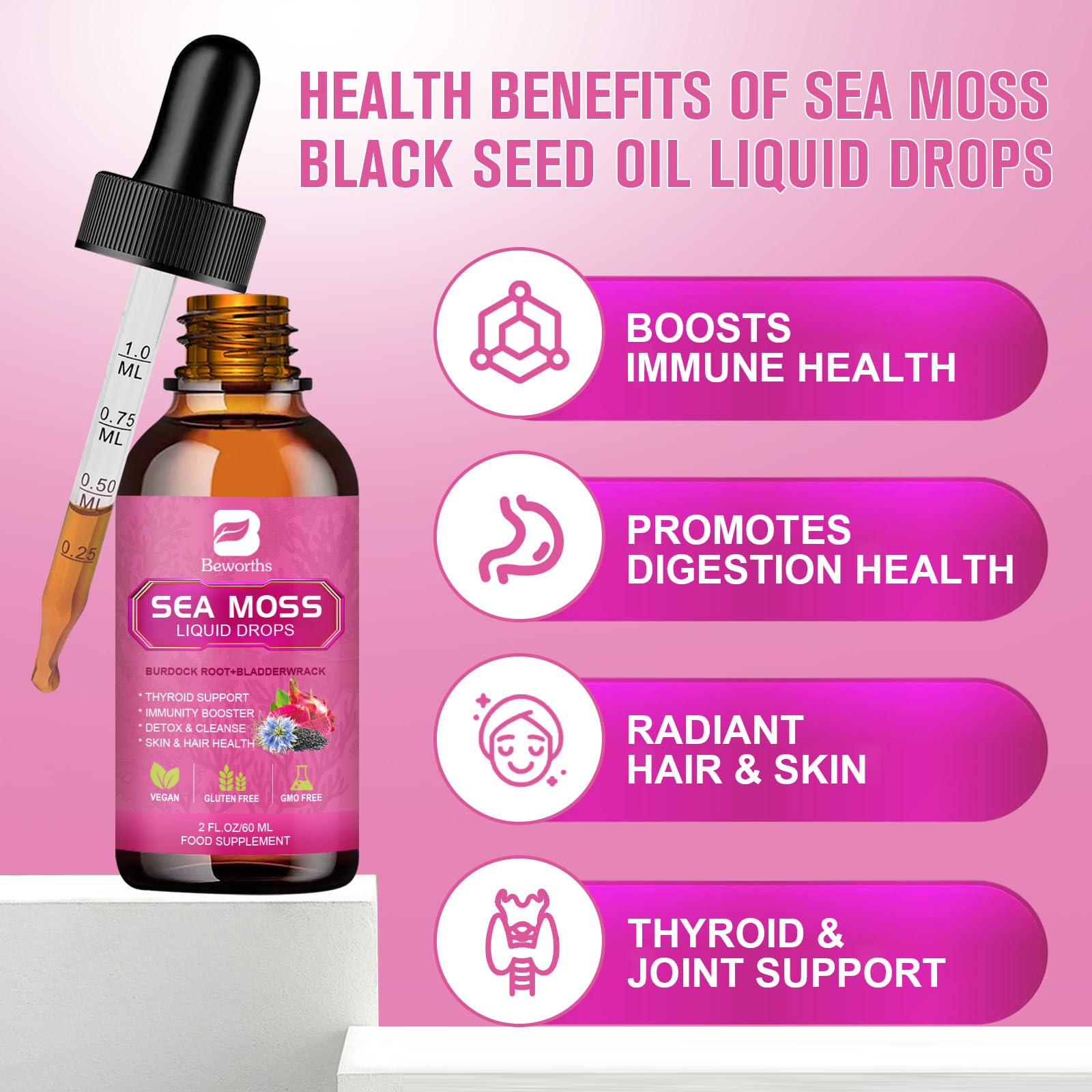 B BEWORTHS Sea Moss Liquid Drops label closeup highlights natural ingredients