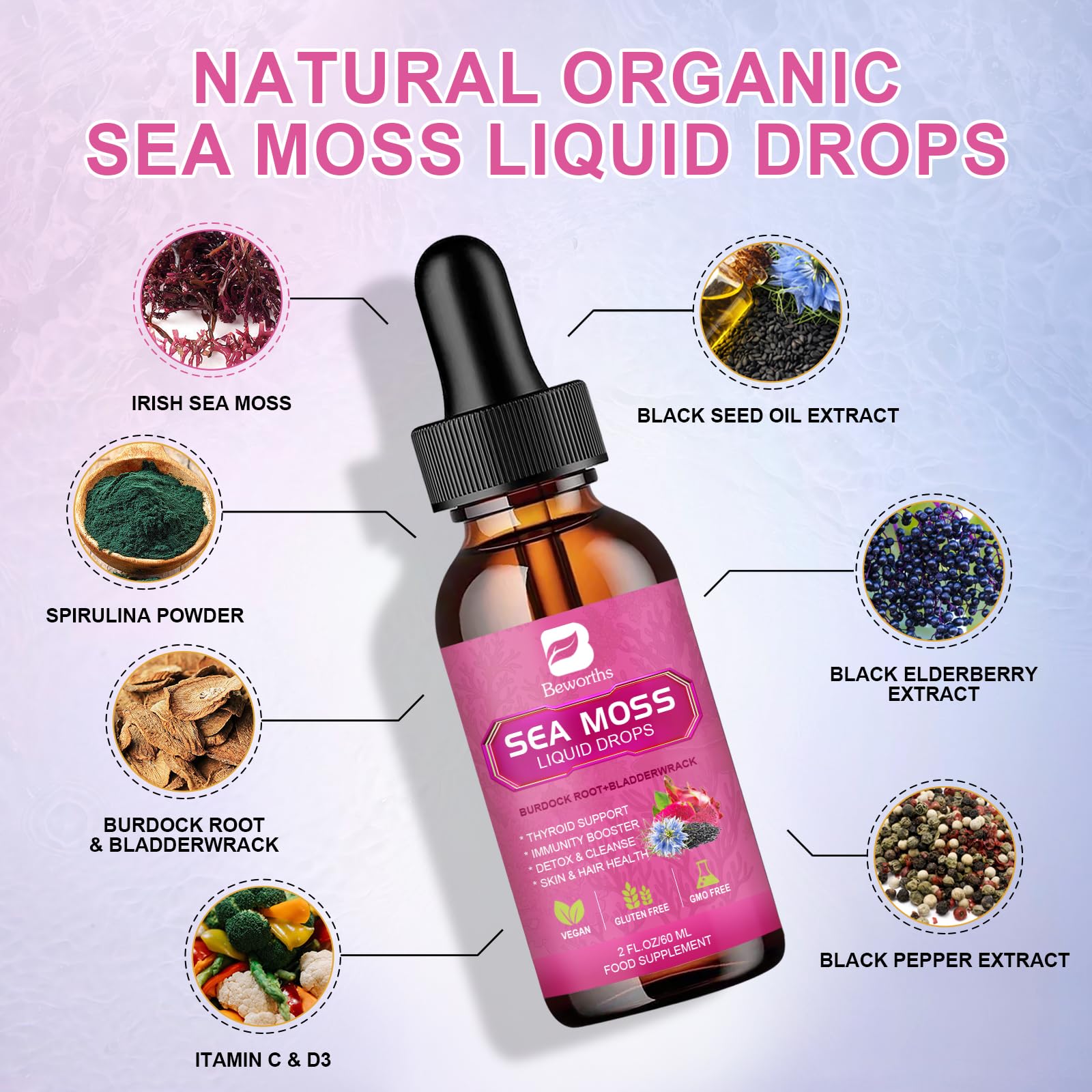 B BEWORTHS Sea Moss Liquid Drops pour shows quick absorption for energy support