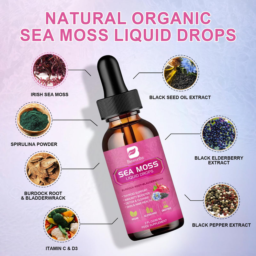 B BEWORTHS Sea Moss Liquid Drops pour shows quick absorption for energy support