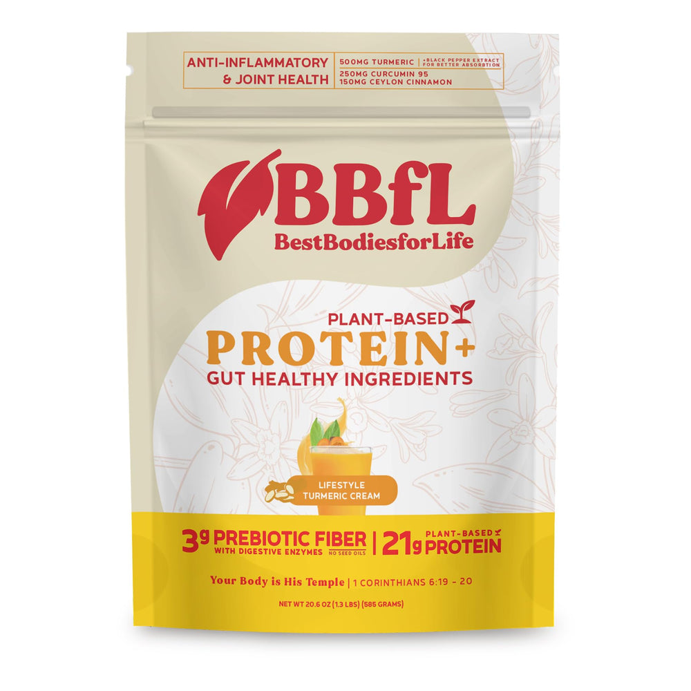 BBfL plant-based protein shake with turmeric cream served, smooth texture supports active days