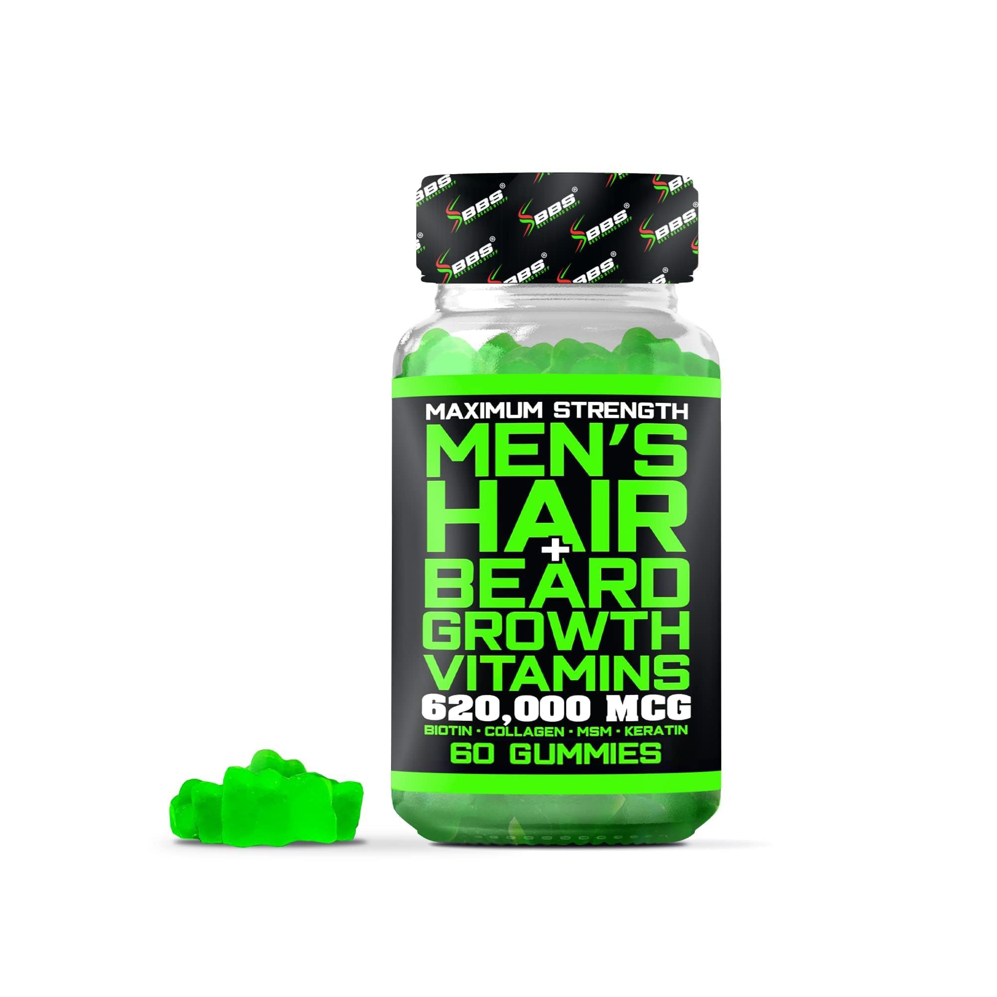 BBS Best Beard Stuff bottle front displaying beard growth gummies for fuller facial hair.
