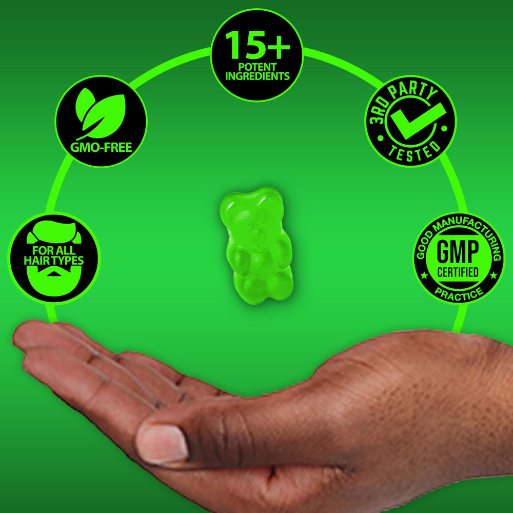 BBS Best Beard Stuff gummy texture closeup showcases chewable vitamins for easier daily use.