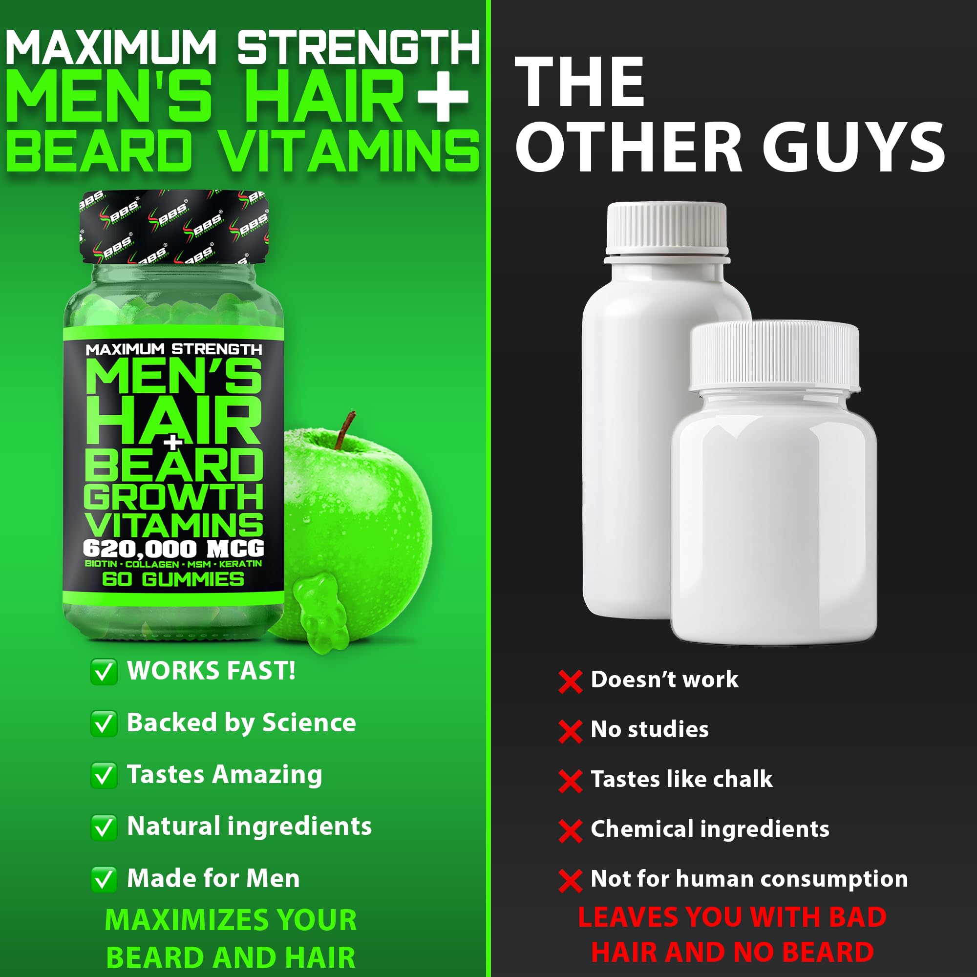 BBS Best Beard Stuff ingredients label shot emphasizes collagen, MSM and bamboo extract for growth support.