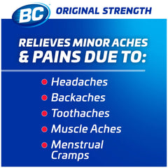 Ingredients label on BC Powder Original Strength sticks shows aspirin and caffeine.