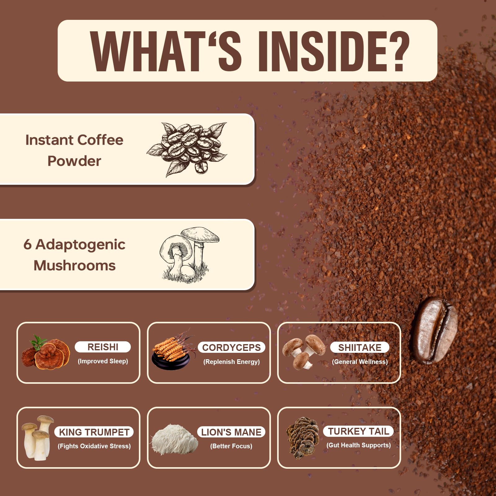 Bcuelov six-adaptogen mushroom blend featuring Cordyceps and Lion's Mane.