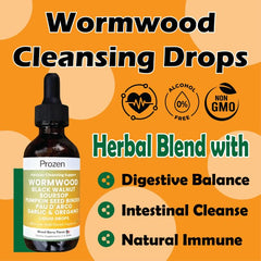 BDQBDQ Prozen Wormwood Drops label close-up underscores vegan, additive-free formula.