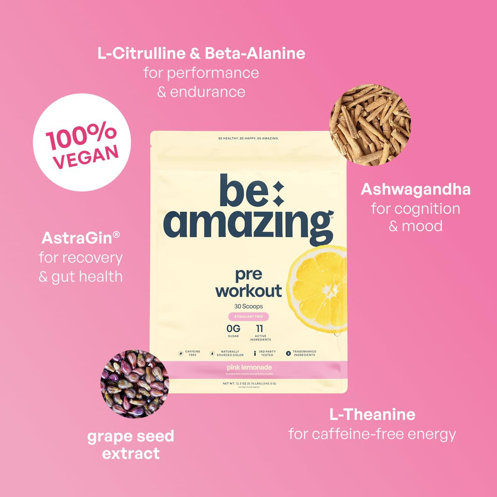 BE AMAZING Sour Blue Gummy caffeine-free pre-workout powder supports focus