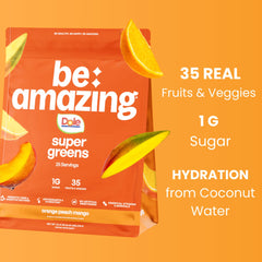 BE AMAZING Super Greens with coconut water hydration in a shaker, supporting electrolytes.