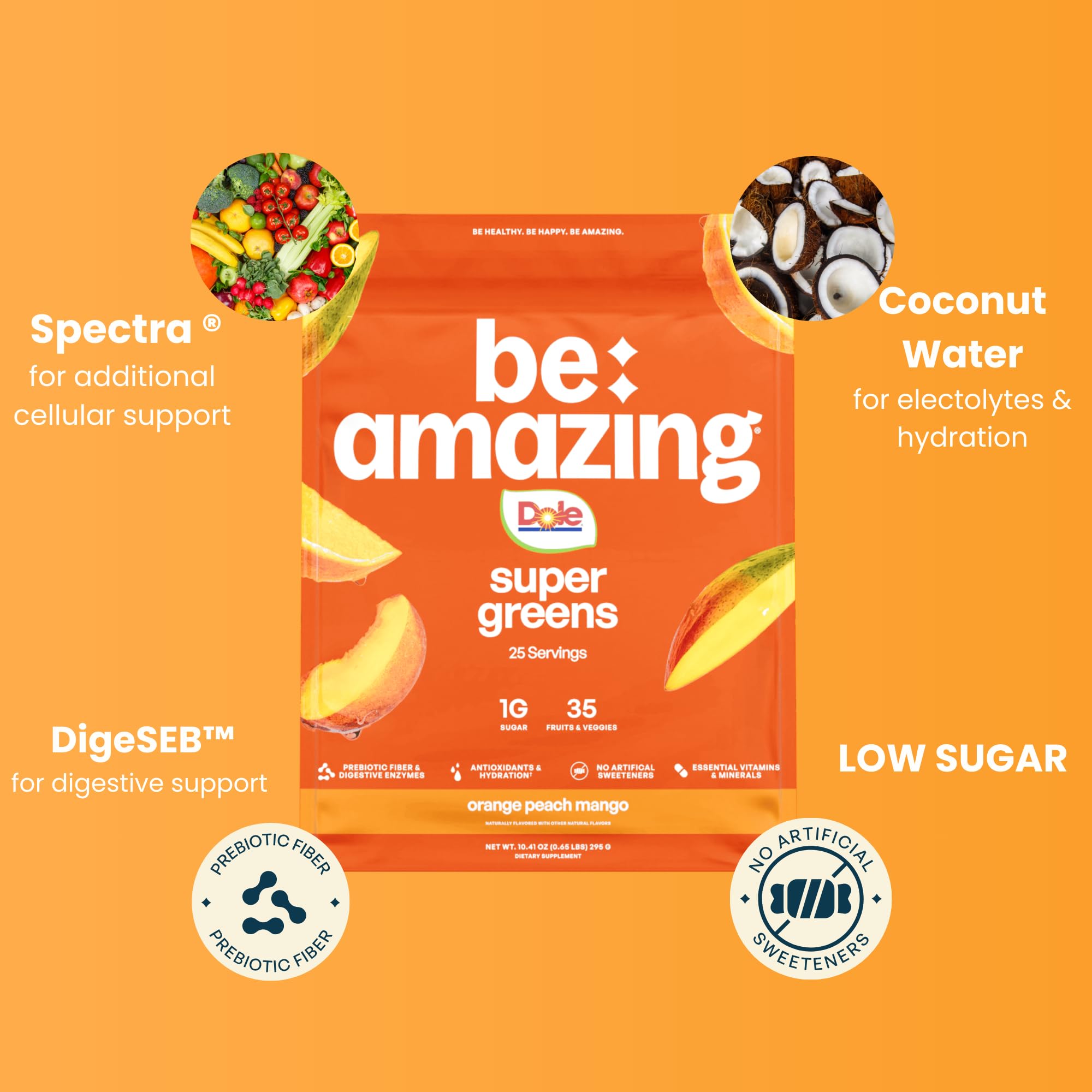 BE AMAZING Super Greens Tropical Orange Peach Mango flavor in a glass, bright and refreshing.