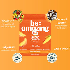 BE AMAZING Super Greens Tropical Orange Peach Mango flavor in a glass, bright and refreshing.