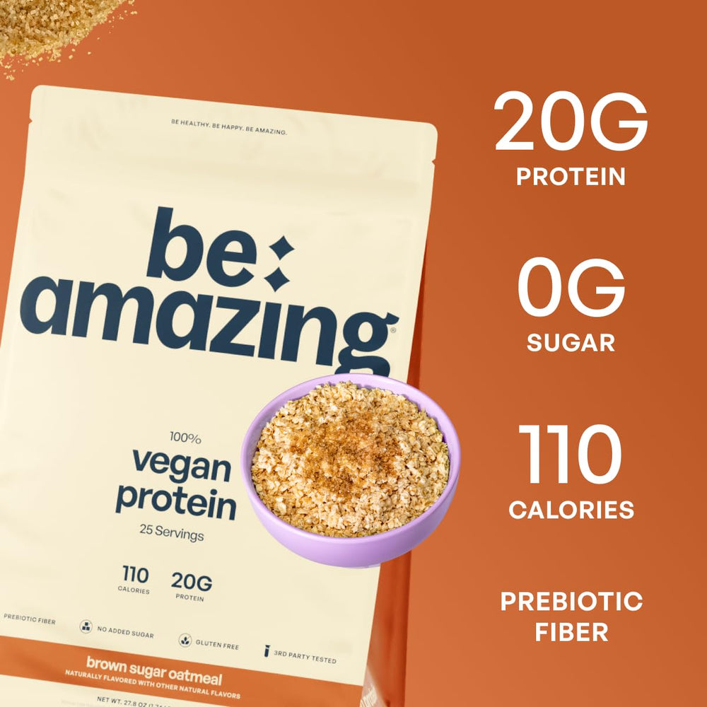 Close-up of BE AMAZING Vegan Protein Powder showing creamy, grit-free texture.