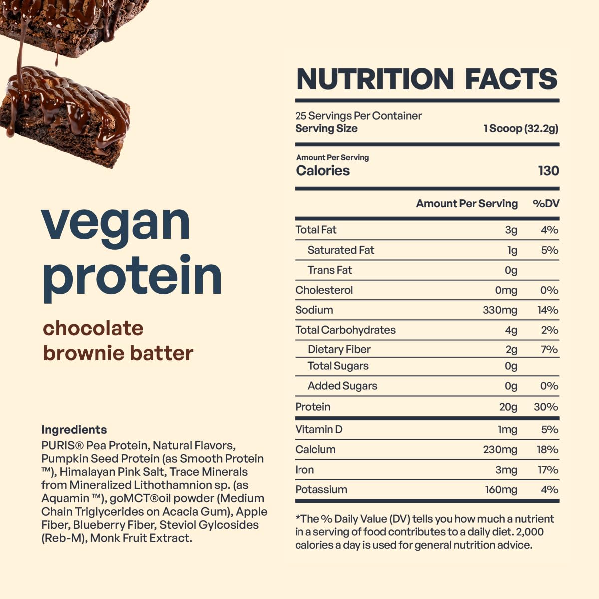 Be Amazing Vegan Protein label highlights dairy-free, gluten-free, no added sugar