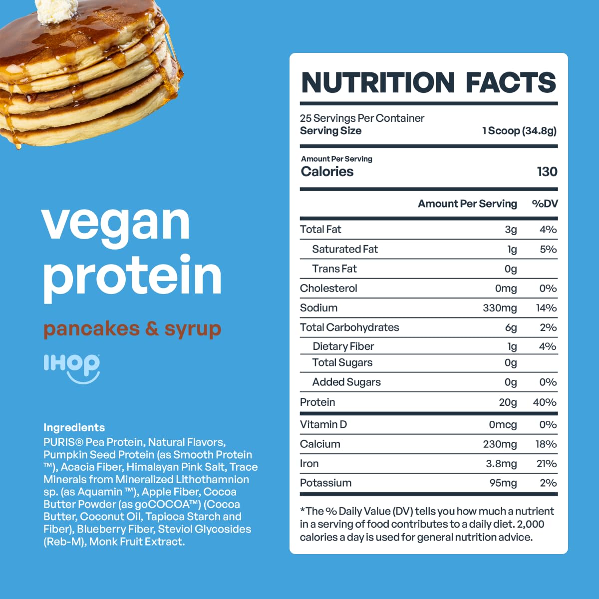 BE AMAZING vegan protein flavor lineup display includes IHOP Cinn-A-Stack and others.