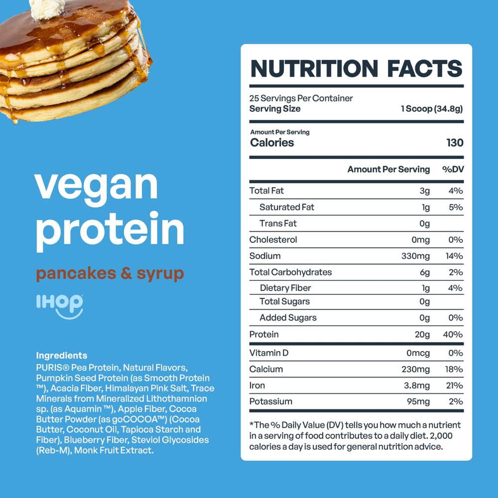 BE AMAZING vegan protein flavor lineup display includes IHOP Cinn-A-Stack and others.