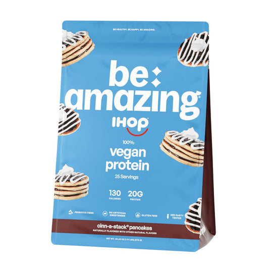 BE AMAZING vegan protein IHOP Cinn-A-Stack jar shows creamy texture with no added sugar.