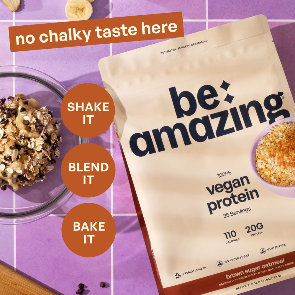 Label of BE AMAZING Vegan Protein Powder showing no added sugar.