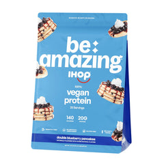 BE AMAZING vegan protein powder bottle shows clean ingredients and smooth texture.