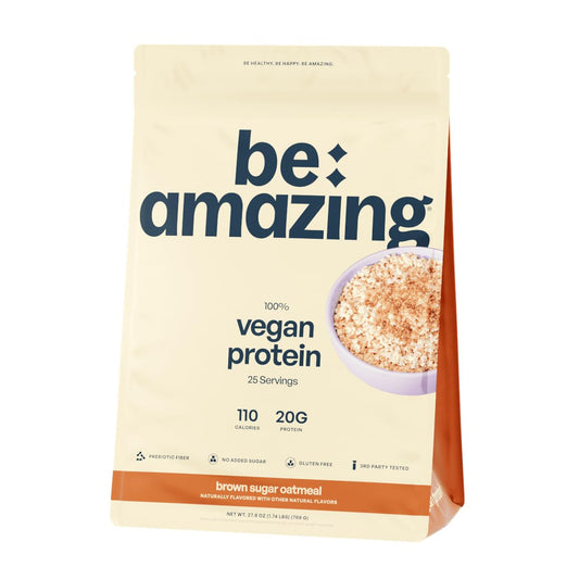 BE AMAZING Vegan Protein Powder Brown Sugar Oatmeal tub with creamy texture highlight.