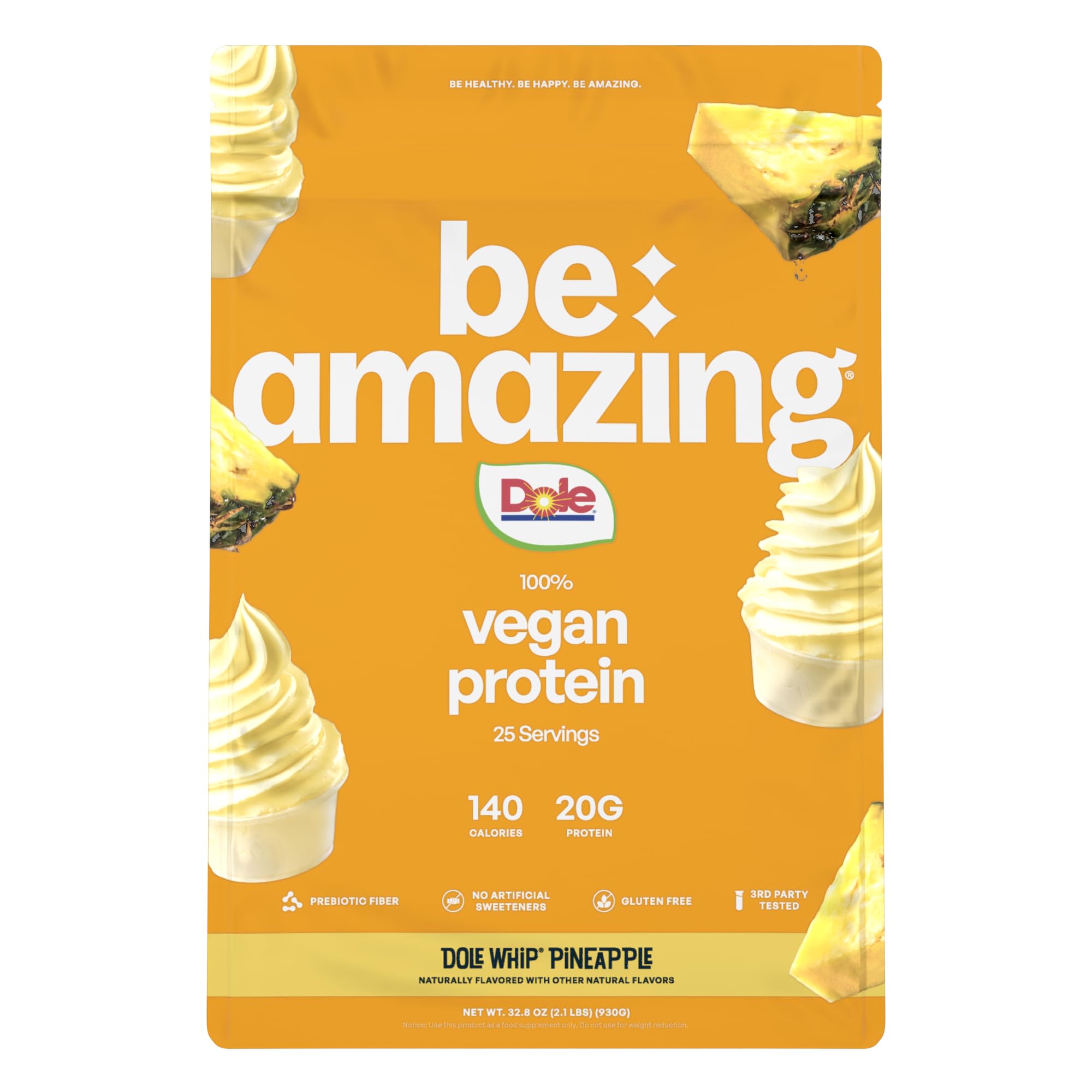 BE AMAZING vegan protein powder Dole Whip Pineapple bottle pour highlights creamy texture and pouring action