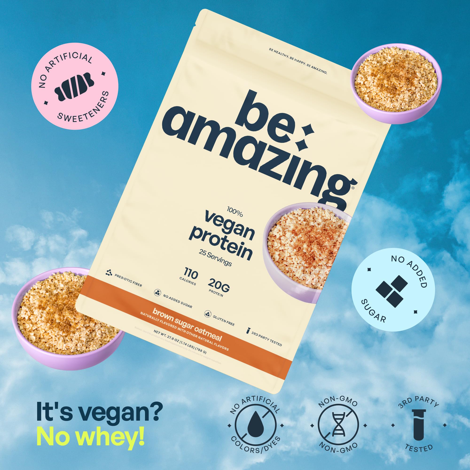 BE AMAZING Vegan Protein Powder detail indicating 2g prebiotic fiber from fruit.